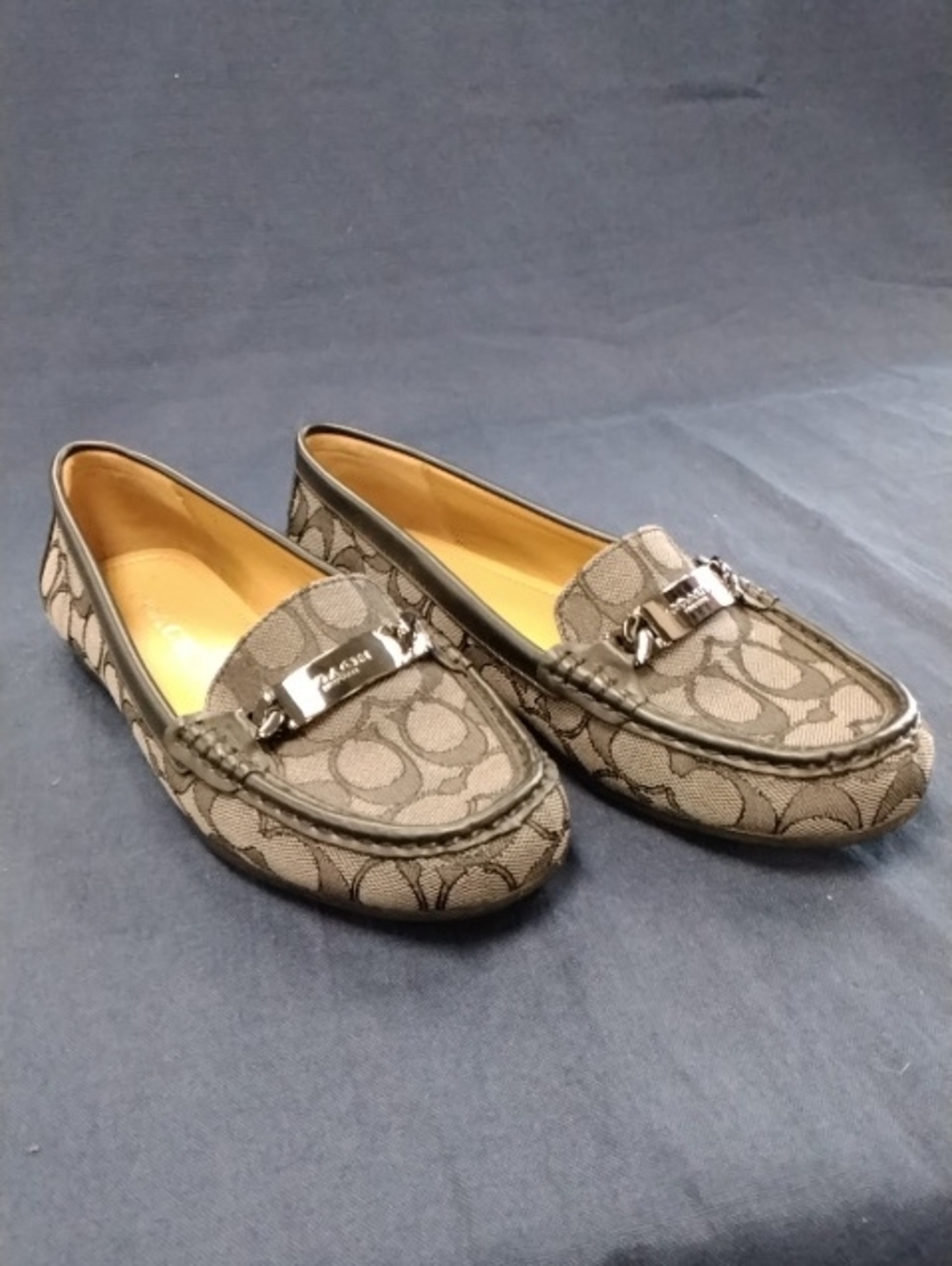 Coach Signature Canvas Brown Logo Moccasins with Silver Hardware